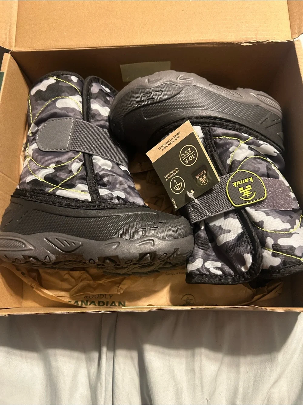 Kids Winter Boots with Gray Camo and Neon Yellow Accents